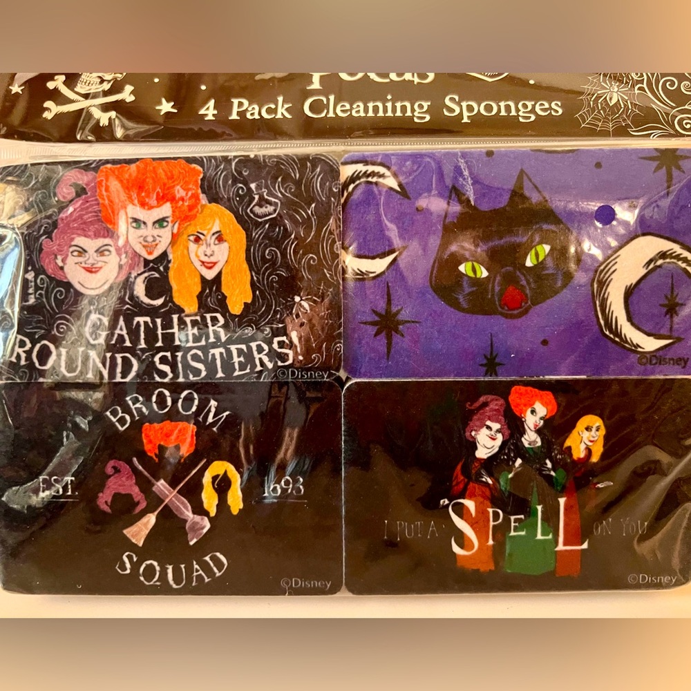 Set of 4 Disney Hocus Pocus Halloween Kitchen Cleaning Sponges Witch Broom Squad